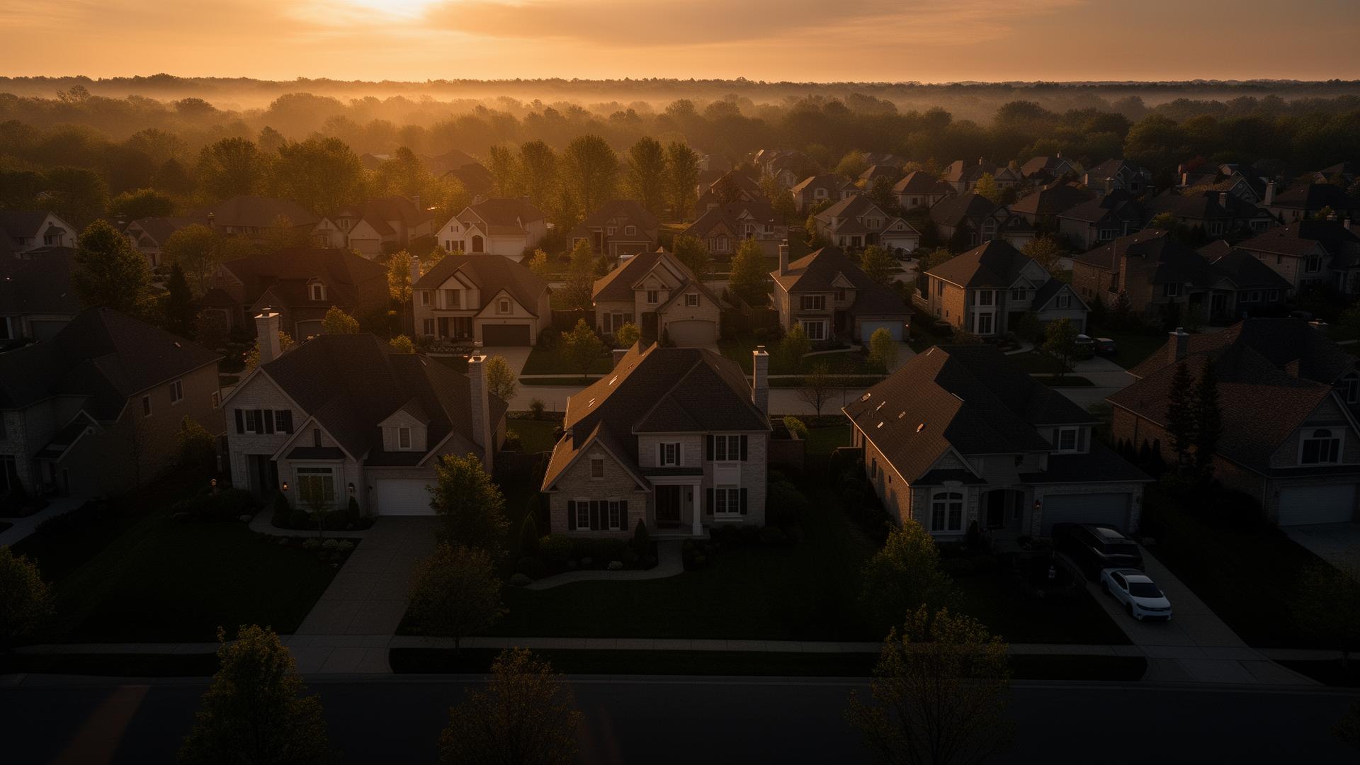 Aerial view of an American suburban neighborhood at golden hour
